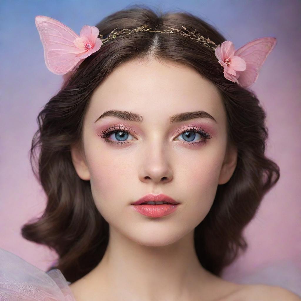 Generate a profile image of a beautiful 21-year-old fairy lady with black and brown hair, blue-brown eyes and thin brown eyebrows. Her natural lips are red-pink, conveying a warm and captivating aura.