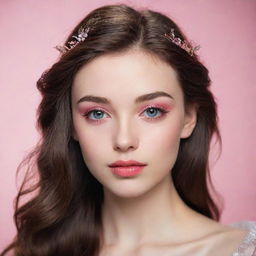 Generate a profile image of a beautiful 21-year-old fairy lady with black and brown hair, blue-brown eyes and thin brown eyebrows. Her natural lips are red-pink, conveying a warm and captivating aura.