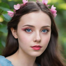 Generate a profile image of a beautiful 21-year-old fairy lady with black and brown hair, blue-brown eyes and thin brown eyebrows. Her natural lips are red-pink, conveying a warm and captivating aura.