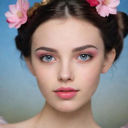 Generate a profile image of a beautiful 21-year-old fairy lady with black and brown hair, blue-brown eyes and thin brown eyebrows. Her natural lips are red-pink, conveying a warm and captivating aura.