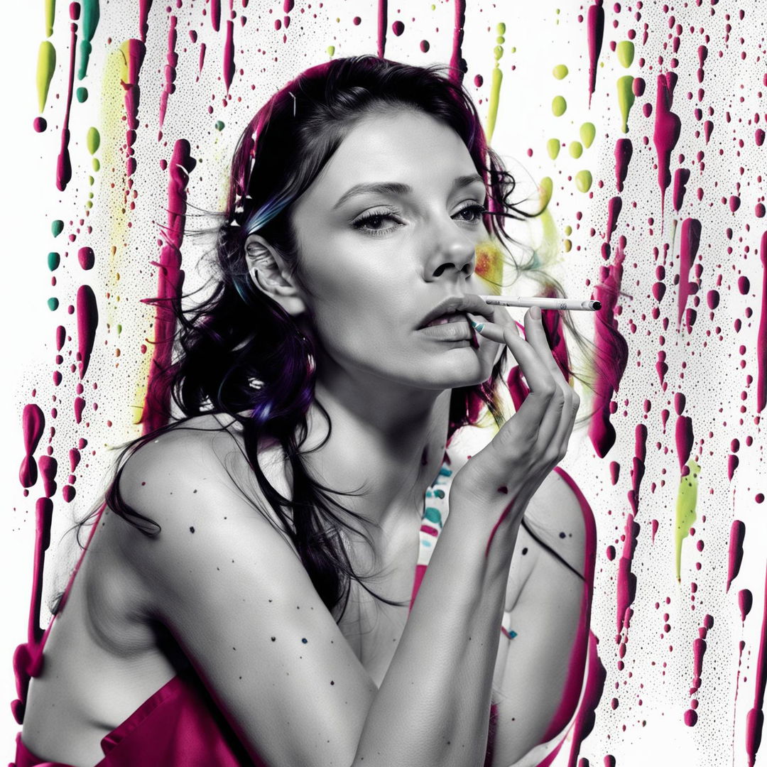 Close-up portrait of a contemplative actress in a rainbow-splattered room, smoking a cigarette. Retro-futuristic vibe with bright colors and high details in Mario Testino's photography style.