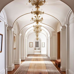 Refine the image to a symmetrical classical white hallway with elegant arches, a curated gallery wall, a polished wooden floor, and a textured rug.