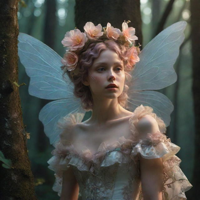 A hyper-realistic 3D rococo fairy in a forest with dramatic lighting piercing through the trees, intertwined with a flower aesthetic, exuding melancholic vibes