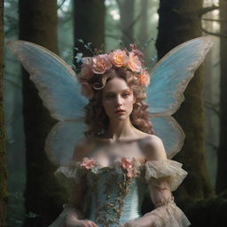 A hyper-realistic 3D rococo fairy in a forest with dramatic lighting piercing through the trees, intertwined with a flower aesthetic, exuding melancholic vibes