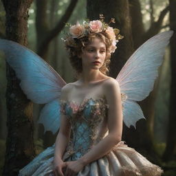 A hyper-realistic 3D rococo fairy in a forest with dramatic lighting piercing through the trees, intertwined with a flower aesthetic, exuding melancholic vibes