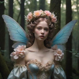 A hyper-realistic 3D rococo fairy in a forest with dramatic lighting piercing through the trees, intertwined with a flower aesthetic, exuding melancholic vibes