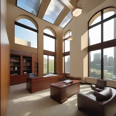 The trial attorney's office had an impressive architectural design, with floor-to-ceiling windows and modern furniture.
