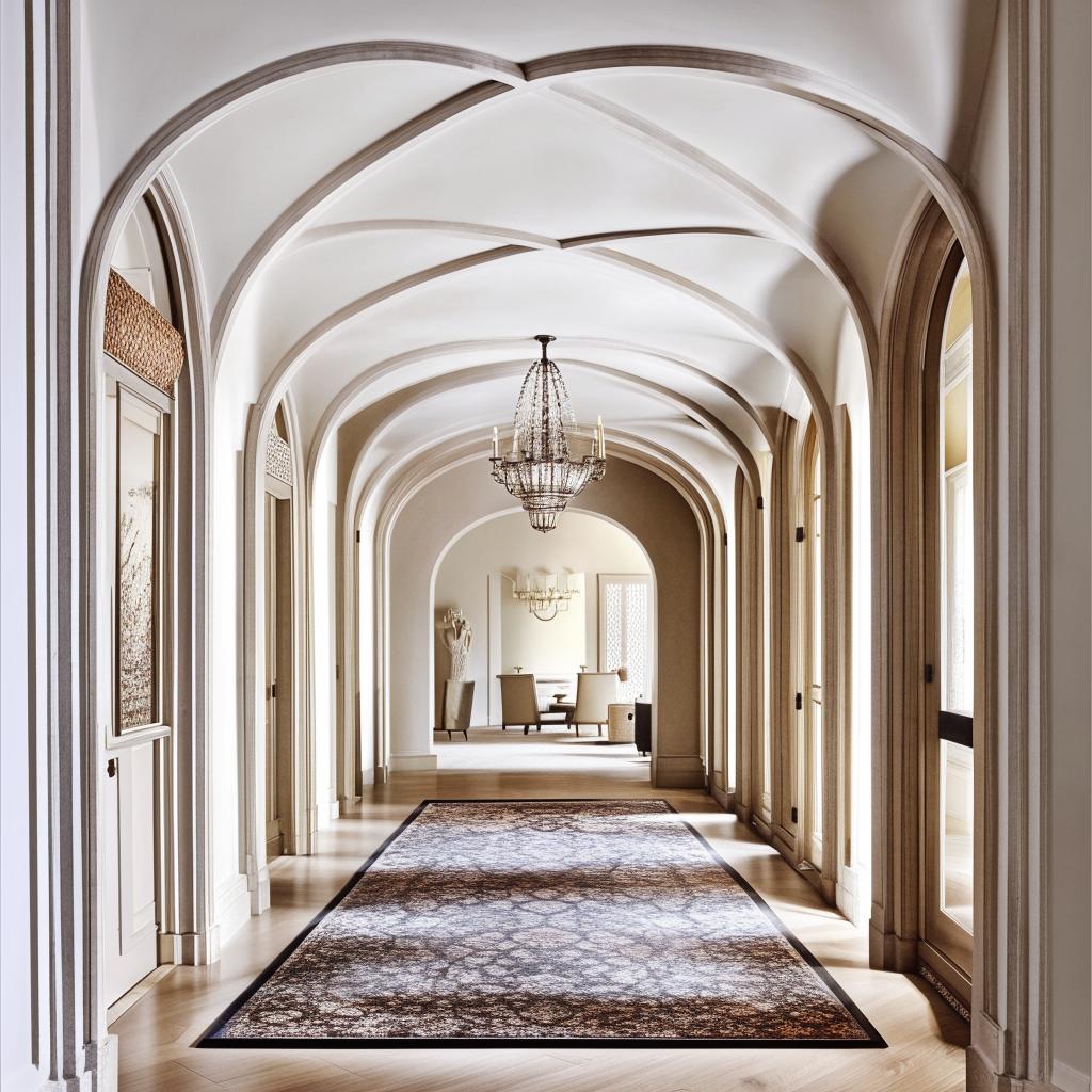 Refine the image to a symmetrical classical white hallway with elegant arches, a curated gallery wall, a polished wooden floor, and a textured rug.