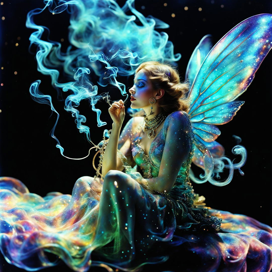 A cosmic fairy smoking her pipe while floating through space dust in a Mario Testino style photograph.