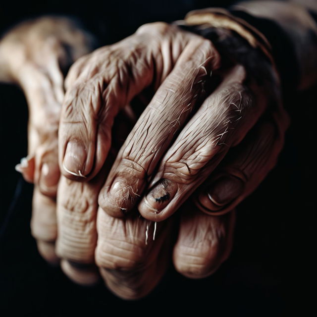 Close-up HD photograph of detailed, intricate hands with visible lines, creases, and veins against a blurred background.