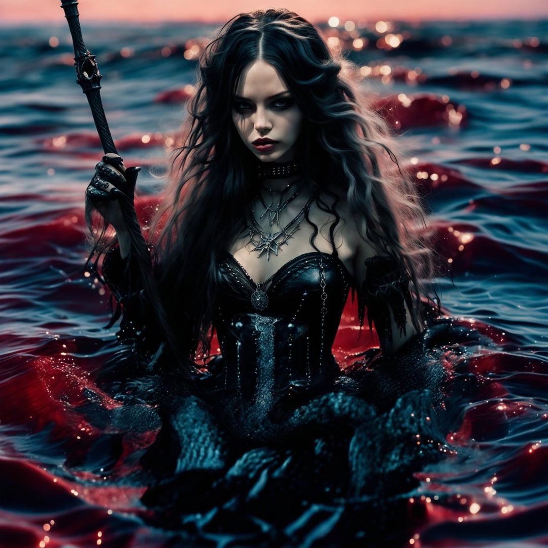 A Gothic style mermaid with pale skin and black hair in a blood-red ocean. She has a black tail with silver spikes, wears a black leather corset and holds a silver trident.