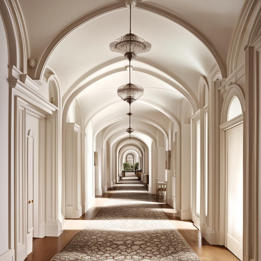 Refine the image to a symmetrical classical white hallway with elegant arches, a curated gallery wall, a polished wooden floor, and a textured rug.