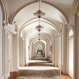 Refine the image to a symmetrical classical white hallway with elegant arches, a curated gallery wall, a polished wooden floor, and a textured rug.