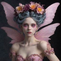 A hyper-realistic 3D rococo-style evil fairy, marked by an aura of darkness and eeriness blended with a captivating flower aesthetic