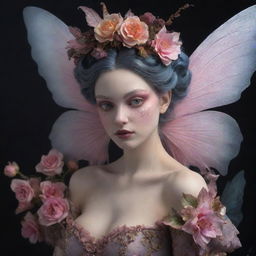 A hyper-realistic 3D rococo-style evil fairy, marked by an aura of darkness and eeriness blended with a captivating flower aesthetic