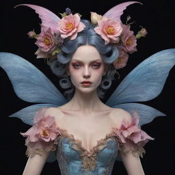 A hyper-realistic 3D rococo-style evil fairy, marked by an aura of darkness and eeriness blended with a captivating flower aesthetic