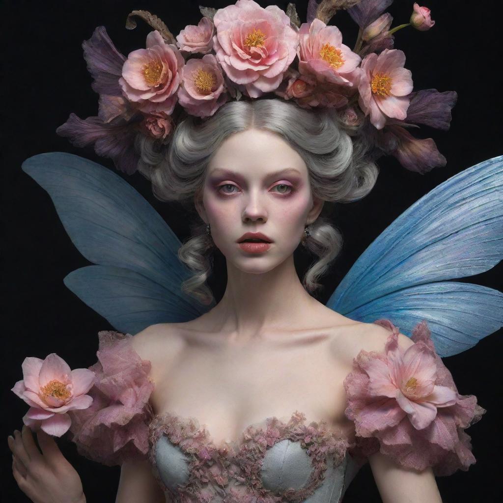 A hyper-realistic 3D rococo-style evil fairy, marked by an aura of darkness and eeriness blended with a captivating flower aesthetic