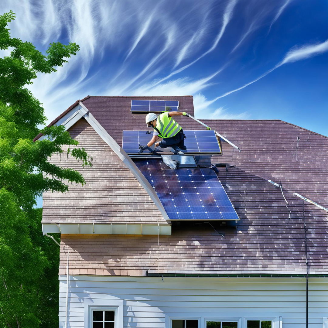 A man in safety gear installs solar panels on a suburban home's roof under a clear blue sky.