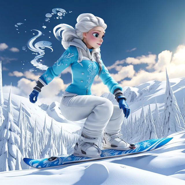 Pixar-style animation of Elsa from Frozen snowboarding down a snowy mountain in full ski gear.