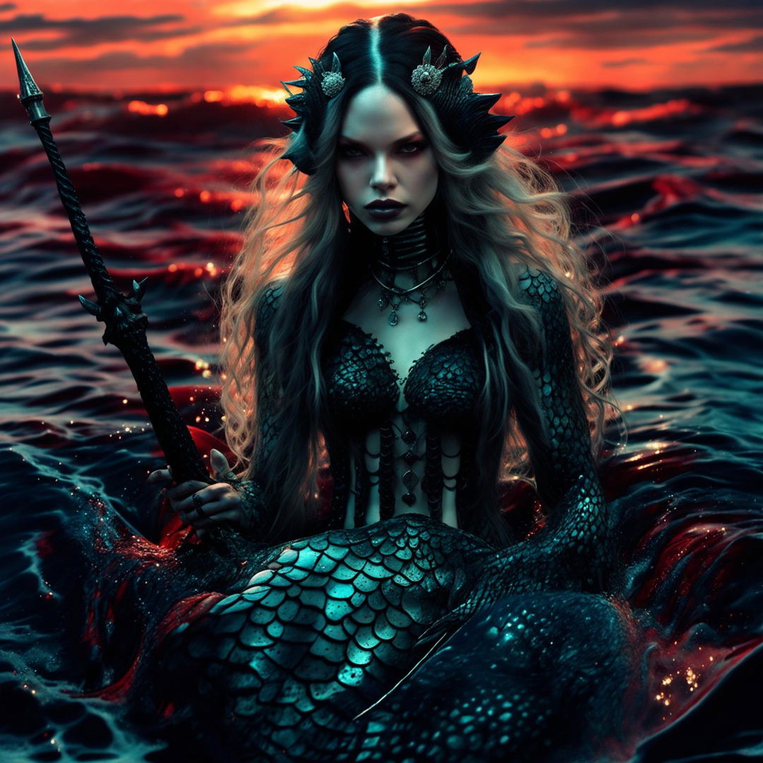 A Gothic mermaid with pale skin and black hair in a blood-red sea. She has an elaborate black tail with silver spikes and patterns, wears a black leather corset and holds a silver trident.