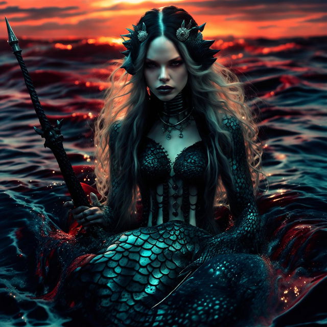 A Gothic mermaid with pale skin and black hair in a blood-red sea. She has an elaborate black tail with silver spikes and patterns, wears a black leather corset and holds a silver trident.