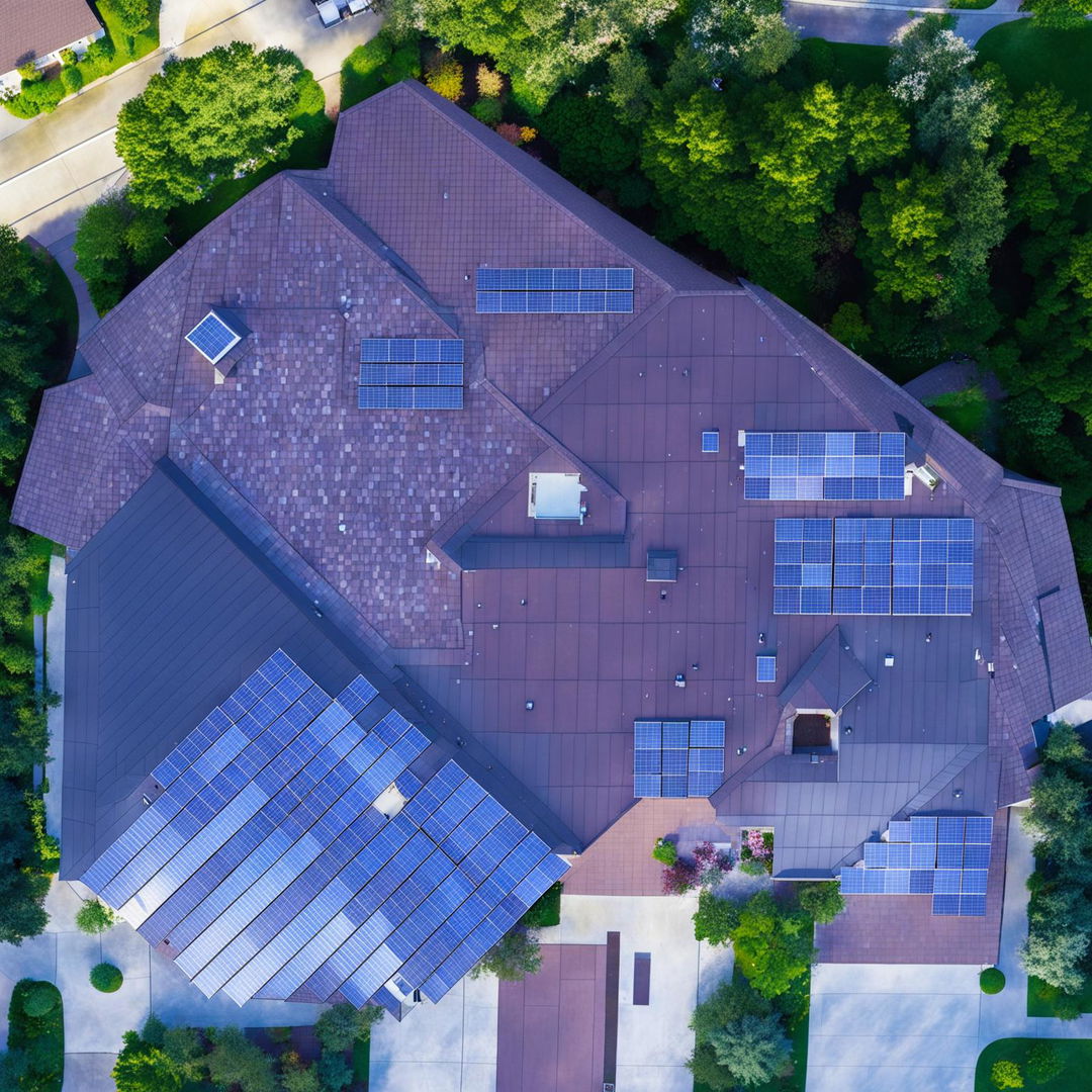 Aerial view of a house with solar panels installed on the roof.