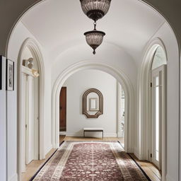 Classical white hallway with arches and a gallery wall, enhanced by a wooden floor and a decorative rug, all arranged with perfect symmetry