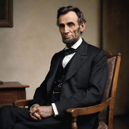 A realistic, color portrait of Abraham Lincoln in his traditional attire, with a focused gaze, seated on a wooden chair.