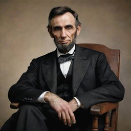 A realistic, color portrait of Abraham Lincoln in his traditional attire, with a focused gaze, seated on a wooden chair.