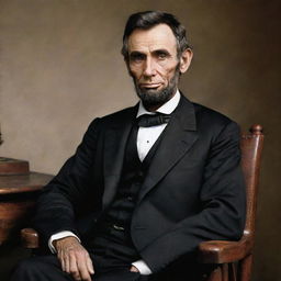 A realistic, color portrait of Abraham Lincoln in his traditional attire, with a focused gaze, seated on a wooden chair.