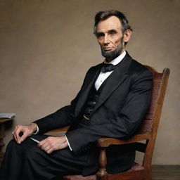 A realistic, color portrait of Abraham Lincoln in his traditional attire, with a focused gaze, seated on a wooden chair.