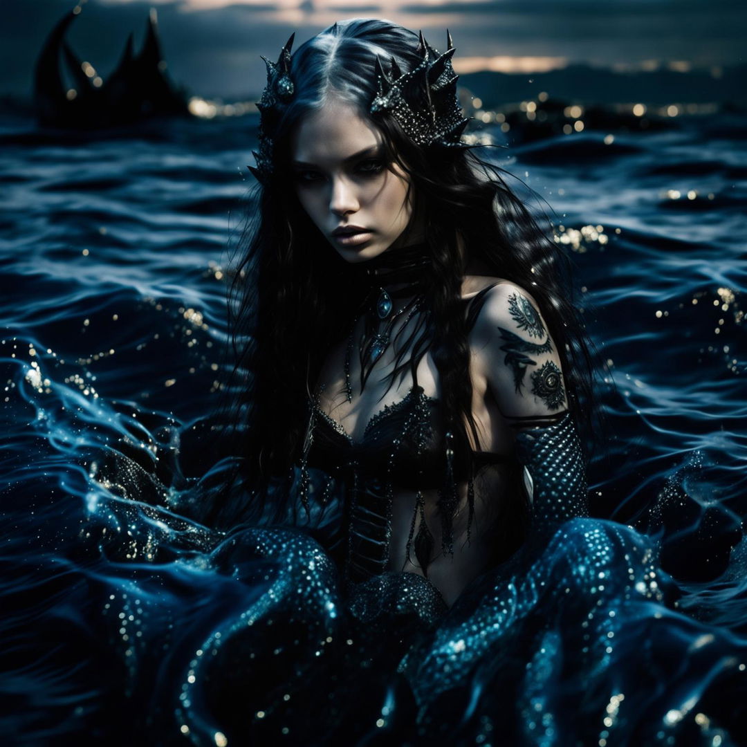 A Gothic mermaid with pale skin and black hair, featuring a magnificent mermaid tail. She wears a black leather corset and holds a silver trident.