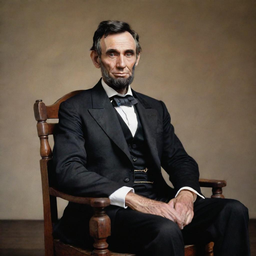 A realistic, color portrait of Abraham Lincoln sitting on an antique wooden chair, wearing his traditional attire, with a thoughtful look.