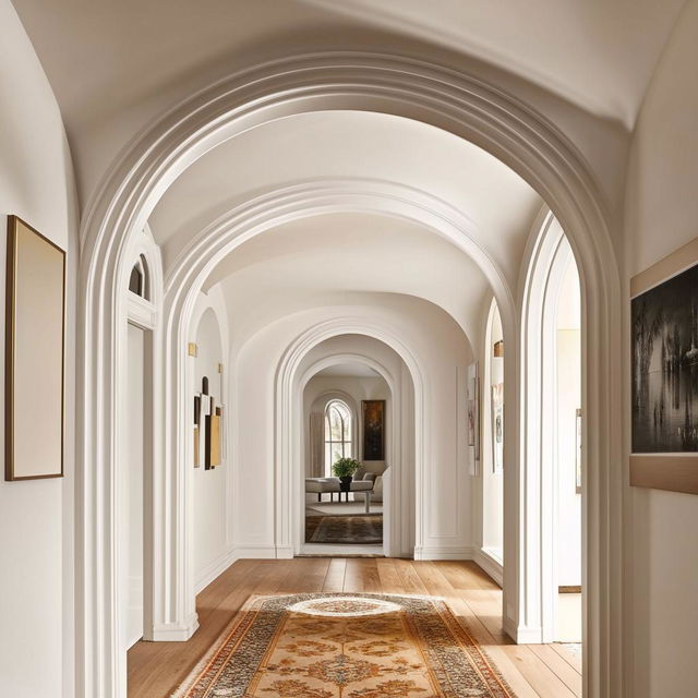 Classical white hallway with arches and a gallery wall, enhanced by a wooden floor and a decorative rug, all arranged with perfect symmetry