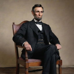 A realistic, color portrait of Abraham Lincoln sitting on an antique wooden chair, wearing his traditional attire, with a thoughtful look.