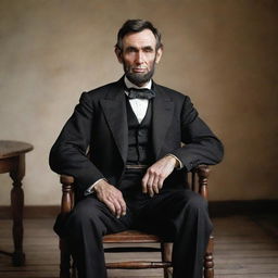 A realistic, color portrait of Abraham Lincoln sitting on an antique wooden chair, wearing his traditional attire, with a thoughtful look.