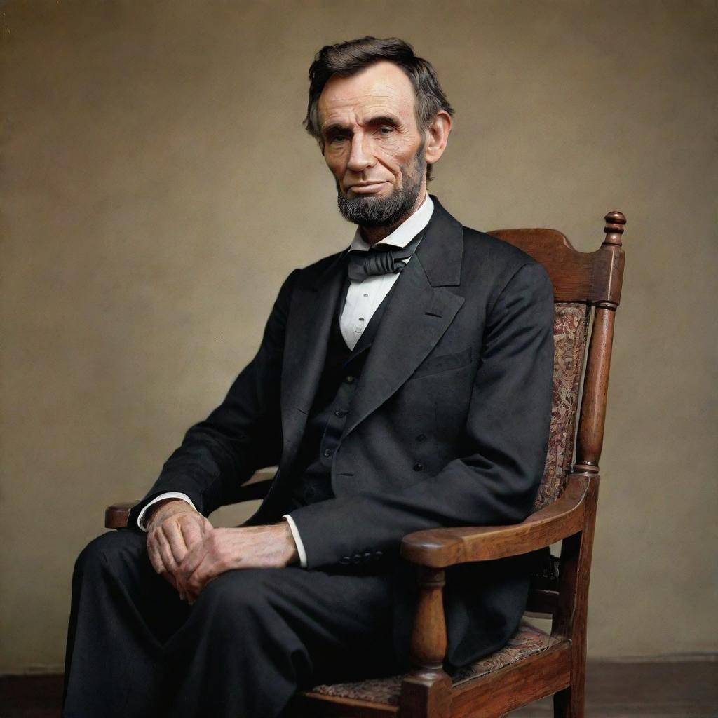 A realistic, color portrait of Abraham Lincoln sitting on an antique wooden chair, wearing his traditional attire, with a thoughtful look.