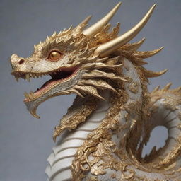 A hyper-realistic 3D rococo dragon with intricate gold details, embodying a majestic aesthetic.