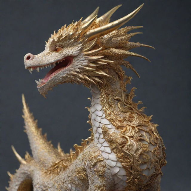 A hyper-realistic 3D rococo dragon with intricate gold details, embodying a majestic aesthetic.