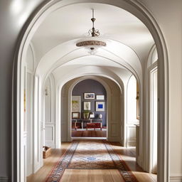 Classical white hallway with arches and a gallery wall, enhanced by a wooden floor and a decorative rug, all arranged with perfect symmetry