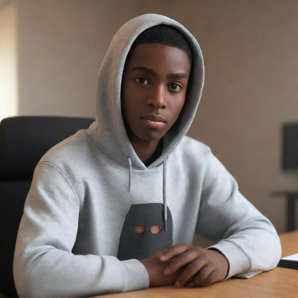 3D animated style image of a dark-skinned, 18-year-old male with hazel eyes. He is wearing a hoodie and mask, sitting at a desk looking into a camera