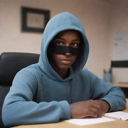 3D animated style image of a dark-skinned, 18-year-old male with hazel eyes. He is wearing a hoodie and mask, sitting at a desk looking into a camera