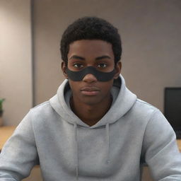 3D animated style image of a dark-skinned, 18-year-old male with hazel eyes. He is wearing a hoodie and mask, sitting at a desk looking into a camera