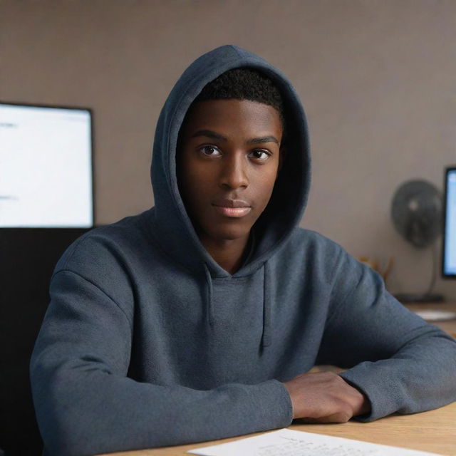 3D animated style image of a dark-skinned, 18-year-old male with hazel eyes. He is wearing a hoodie and mask, sitting at a desk looking into a camera