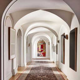 Classical white hallway with arches and a gallery wall, enhanced by a wooden floor and a decorative rug, all arranged with perfect symmetry