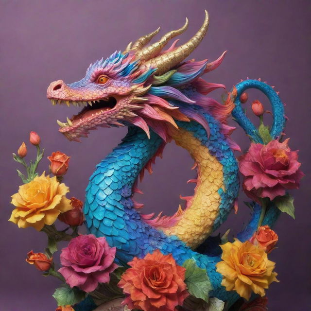 A hyper-realistic 3D rococo dragon displaying a vibrant flower aesthetic, bursting with bright, dynamic colors.