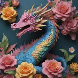 A hyper-realistic 3D rococo dragon displaying a vibrant flower aesthetic, bursting with bright, dynamic colors.