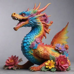 A hyper-realistic 3D rococo dragon displaying a vibrant flower aesthetic, bursting with bright, dynamic colors.