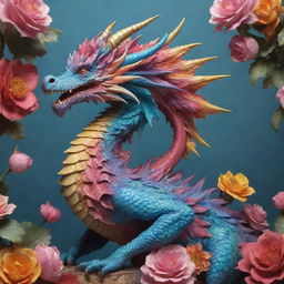 A hyper-realistic 3D rococo dragon displaying a vibrant flower aesthetic, bursting with bright, dynamic colors.