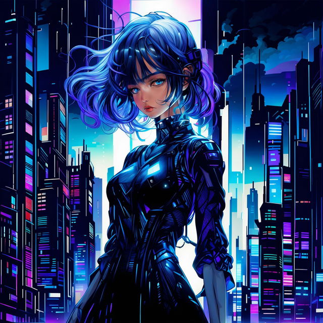 A techno-organic girl with glowing blue eyes stands alone in a neon-lit cityscape. Her body is a blend of human and machine, with sleek metallic limbs and silver wire hair. She exudes a profound sadness yet undeniable beauty.